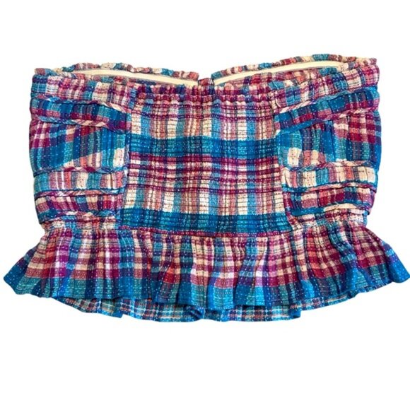 NWT Free People Women's Blue & Purple Plaid Peplum Tube Top Size Large - Picture 4 of 10